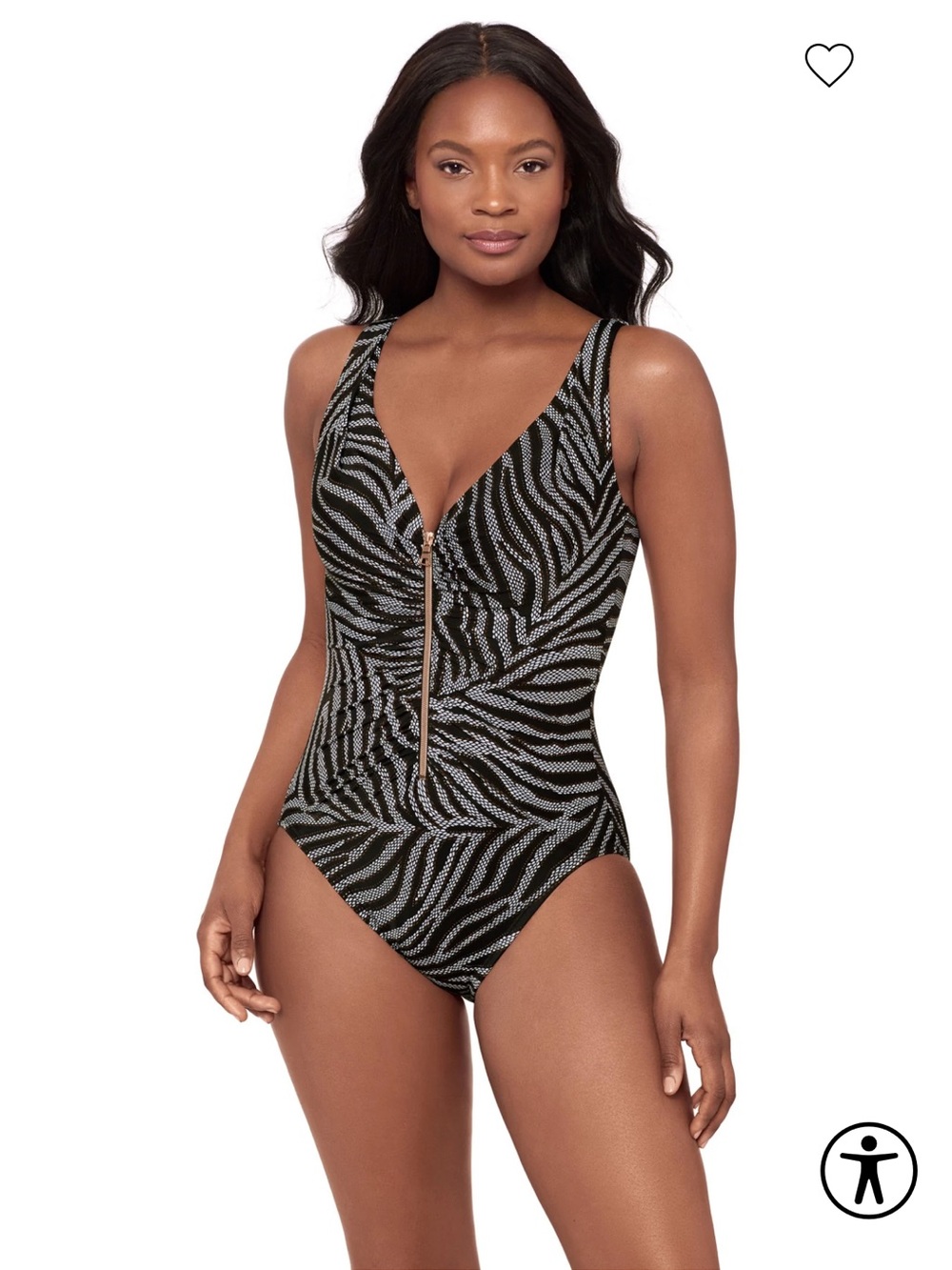 Miraclesuit Black and Silver Zebra-Print Zip Front One-Piece Swimsuit
